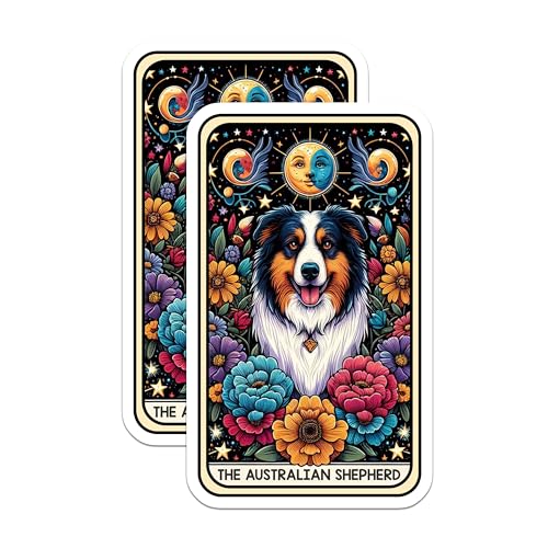 (2 Pack) Australian Shepherd Dog Stickers - Colorful Dog Art Stickers - Floral Dog Illustration Stickers - 5" On Longest Side - Sticks to Smooth Flat Surfaces - Made in USA - BMCS4763