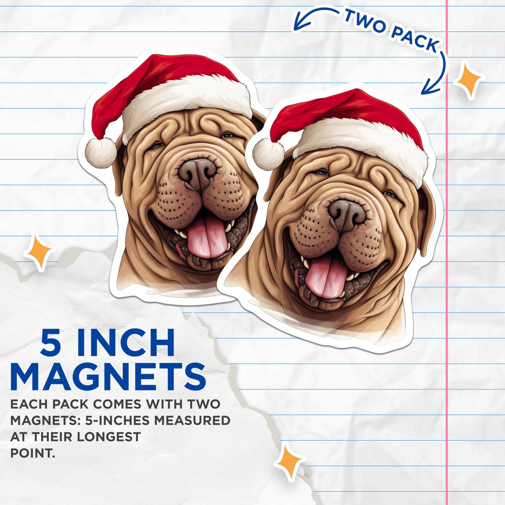 (2 Pack) Christmas Dog Magnets - Shar Pei Santa Hat Magnets - Festive Holiday Pet Decor - Animal Lover - 5 Inches On Longest Side - Thick Durable Magnet - Made in USA - MAG27585