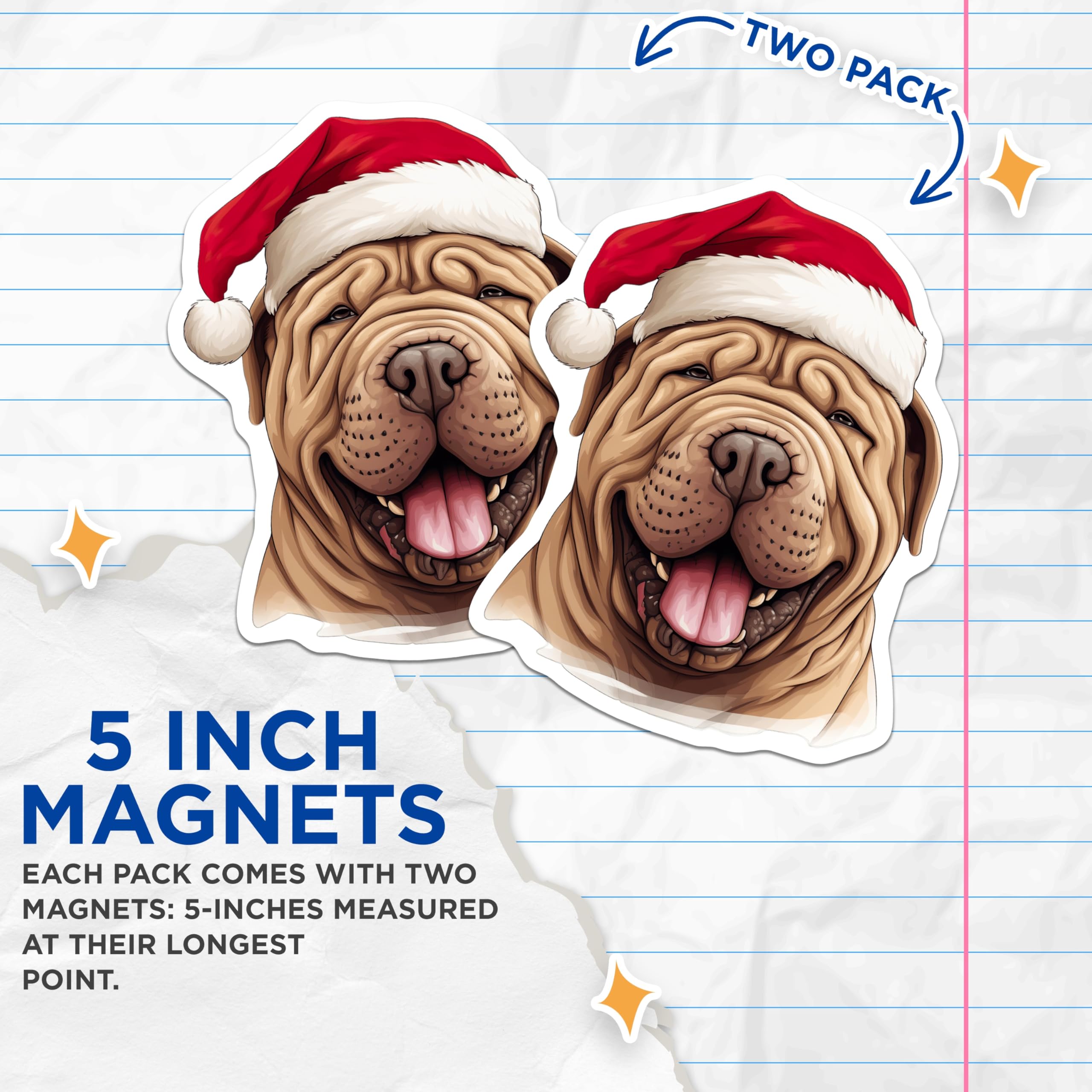 (2 Pack) Christmas Dog Magnets - Shar Pei Santa Hat Magnets - Festive Holiday Pet Decor - Animal Lover - 5 Inches On Longest Side - Thick Durable Magnet - Made in USA - MAG27585