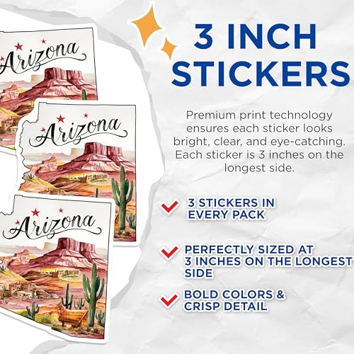 (3 Pack) Arizona Decals - State Pride - Desert Landscape Laptop Decals- 3 Inches On Longest Side - Easy Peel & Apply - Made in USA - 3MCS5041