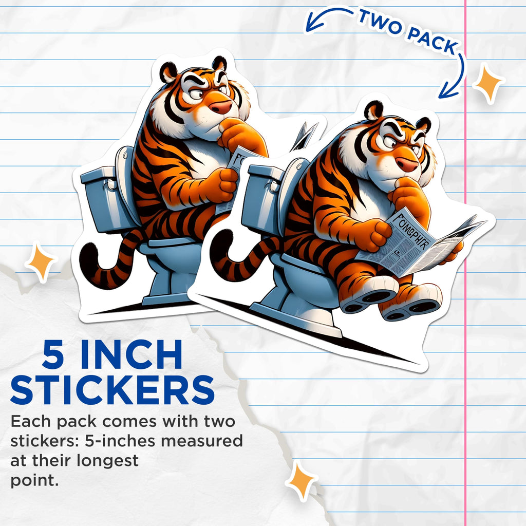 (2 Pack) Tiger on Toilet Stickers - Reading Newspaper - Funny Bathroom Stickers- 5" On Longest Side - Sticks to Smooth Flat Surfaces - Made in USA - BMCS16190
