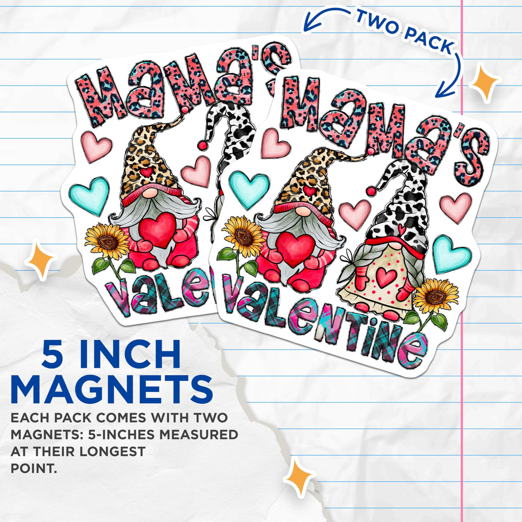 (2 Pack) Mama's Valentine Magnets - Gnome Valentine - Leopard Cow Print - Farmhouse Heart Decor - Cute Mom Love - 5 Inches On Longest Side - Thick Durable Magnet - Made in USA - MAG25751