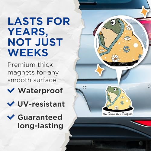 (2 Pack) Be Real Not Perfect Magnets - Frog Illustration - Inspirational Quote - 5" On Longest Side - for Cars, Fridges, Toolboxes - Made in USA - MAG6840