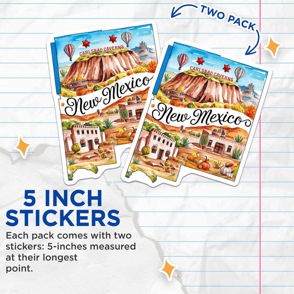 (2 Pack) New Mexico Stickers - Carlsbad Caverns - Scenic Travel Decals - New Mexico State Souvenir - Travel Art - 5" On Longest Side - Sticks to Smooth Flat Surfaces - Made in USA - BMCS6295