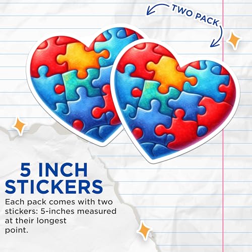 (2 Pack) Colorful Jigsaw Puzzle Heart Stickers - Unique Heart Shaped Puzzle - Vibrant Puzzle Piece Heart Stickers - 5" On Longest Side - Sticks to Smooth Flat Surfaces - Made in USA - BMCS6538