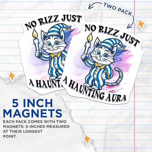 (2 Pack) No Rizz Just A Haunting Aura Magnets - Humorous Cat Art - Cute Halloween for Fridge or Locker - 5" On Longest Side - for Cars, Fridges, Toolboxes - Made in USA - MAG4343