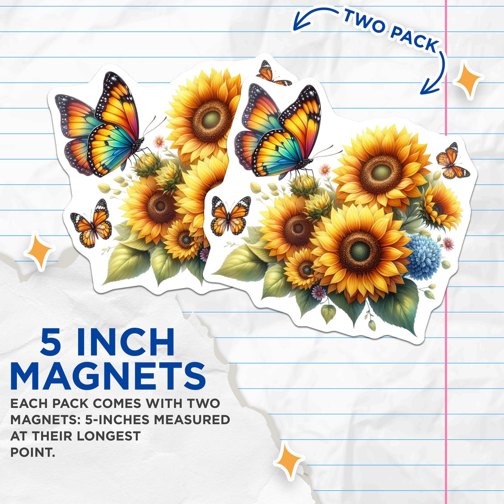 (2 Pack) Sunflower Butterfly Magnets - Vibrant Floral Garden Decor - Aesthetic Refrigerator Art - 5 Inches On Longest Side - Thick Durable Magnet - Made in USA - MAG36264