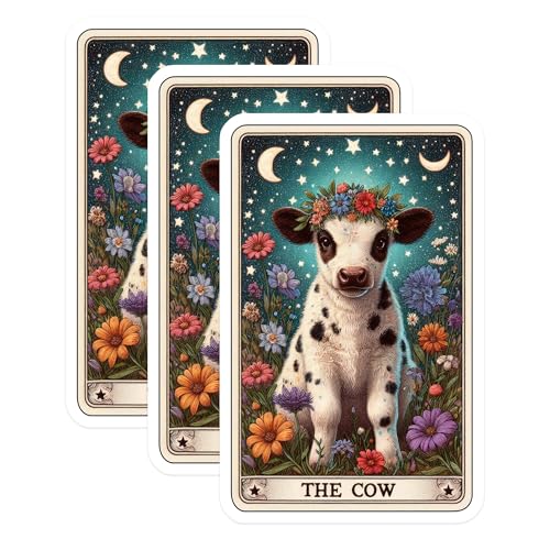 (3 Pack) Cow Tarot Card Decals - Flower Crown Cow - Astrology Decals - 3 Inches On Longest Side - Easy Peel & Apply - Made in USA - 3MCS4140
