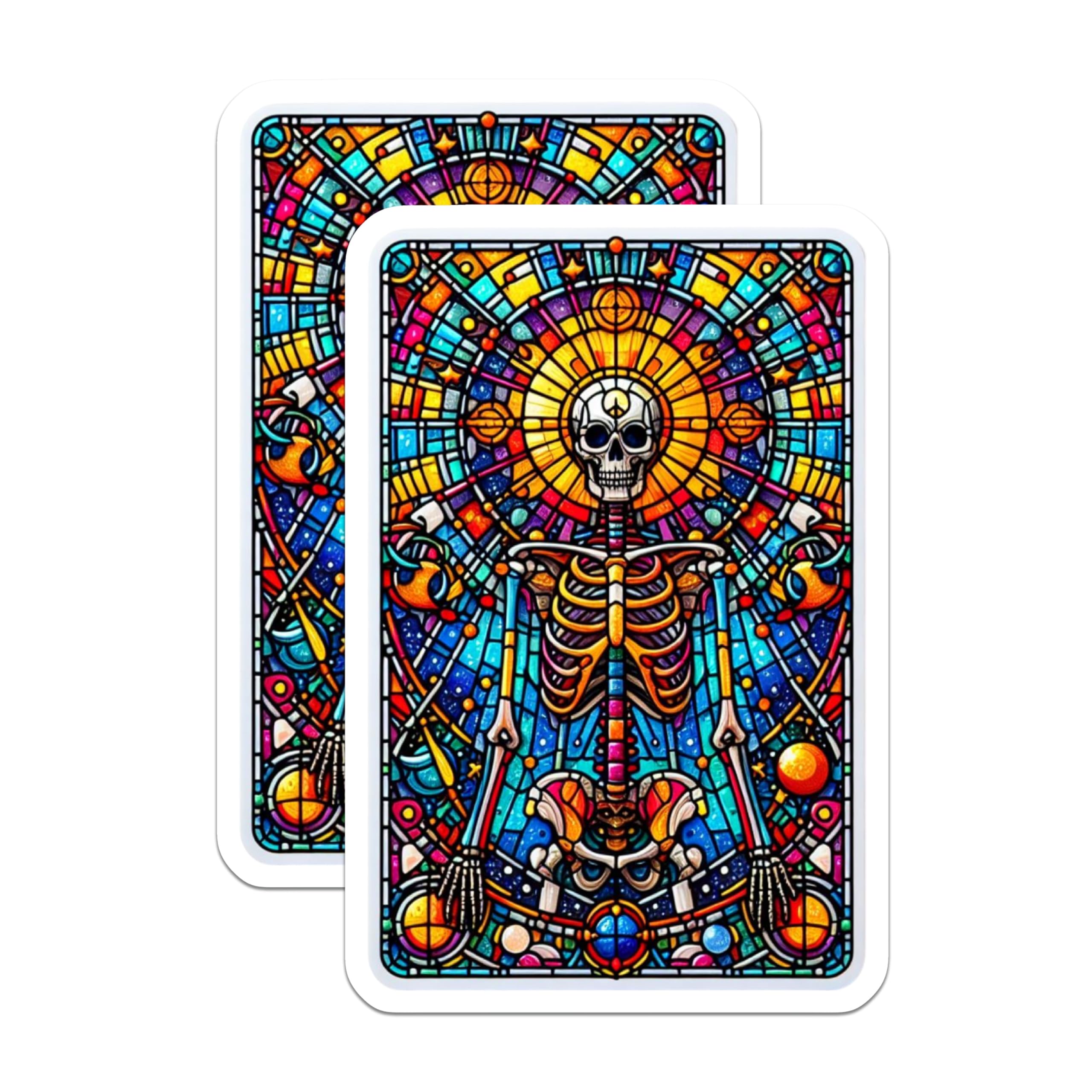 (2 Pack) Stained Glass Skeleton Magnets - Vibrant Colorful Skull Art - Celestial Psychedelic Peace Sign Mandala Decor - 5 Inches On Longest Side - Thick Durable Magnet - Made in USA - MAG21340