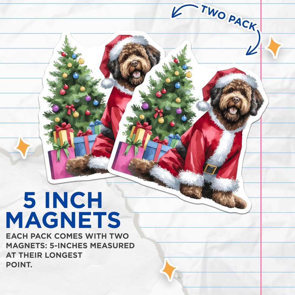 (2 Pack) Christmas Dog Magnets - Santa Goldendoodle Decor - Holiday Pet Parent Refrigerator Accent - 5 Inches On Longest Side - Thick Durable Magnet - Made in USA - MAG30348
