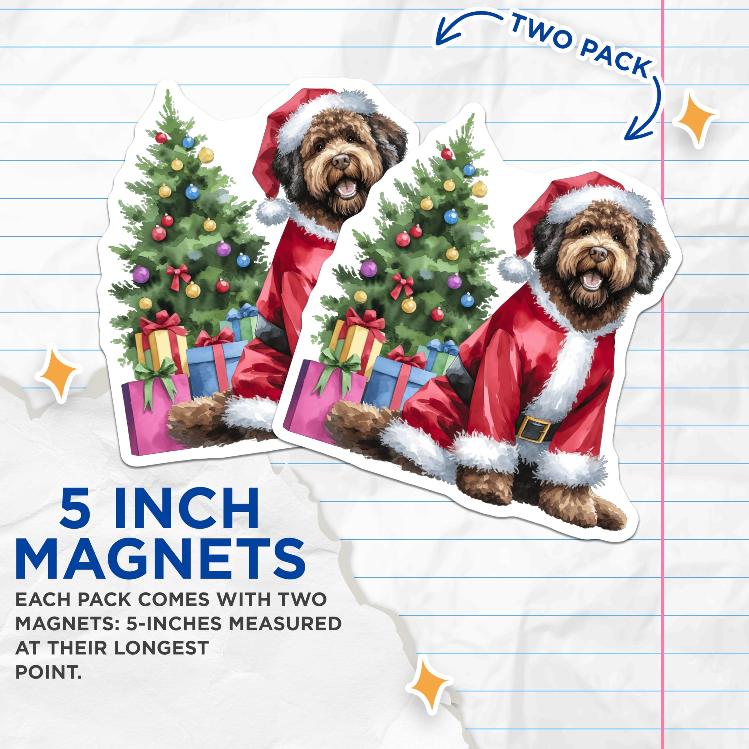 (2 Pack) Christmas Dog Magnets - Santa Goldendoodle Decor - Holiday Pet Parent Refrigerator Accent - 5 Inches On Longest Side - Thick Durable Magnet - Made in USA - MAG30348