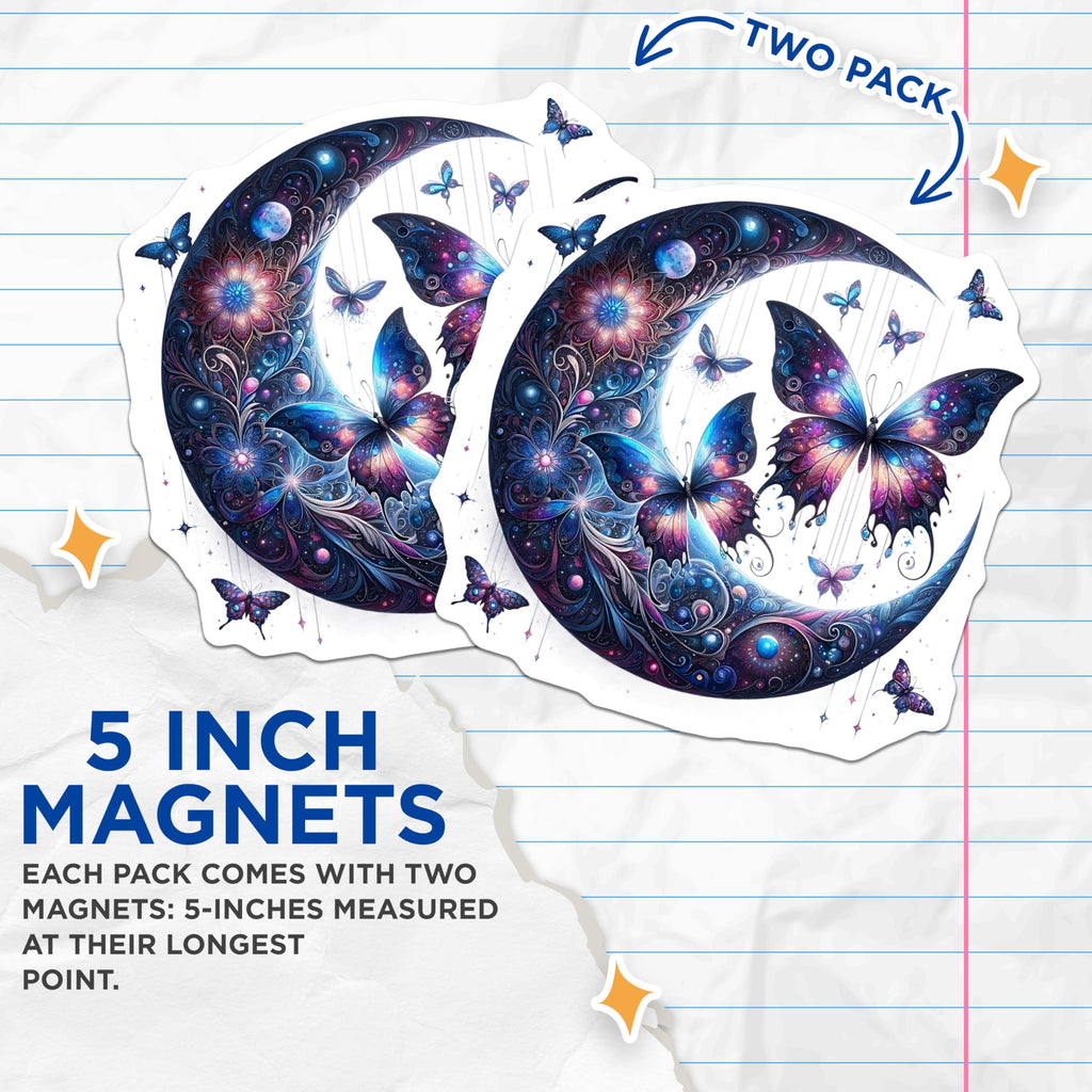 (2 Pack) Butterfly Moon Magnets - Celestial Decor - Space Aesthetic Fridge Magnets - 5" On Longest Side - Premium Magnet - for Cars, Refrigerators, Toolboxes, Lockers - Made in USA - MAG15986