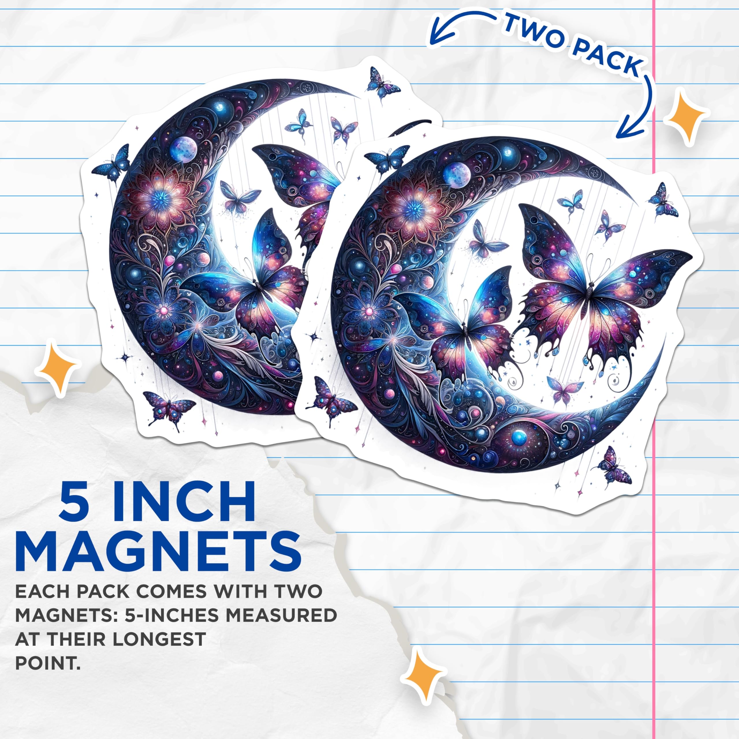 (2 Pack) Butterfly Moon Magnets - Celestial Decor - Space Aesthetic Fridge Magnets - 5" On Longest Side - Premium Magnet - for Cars, Refrigerators, Toolboxes, Lockers - Made in USA - MAG15986