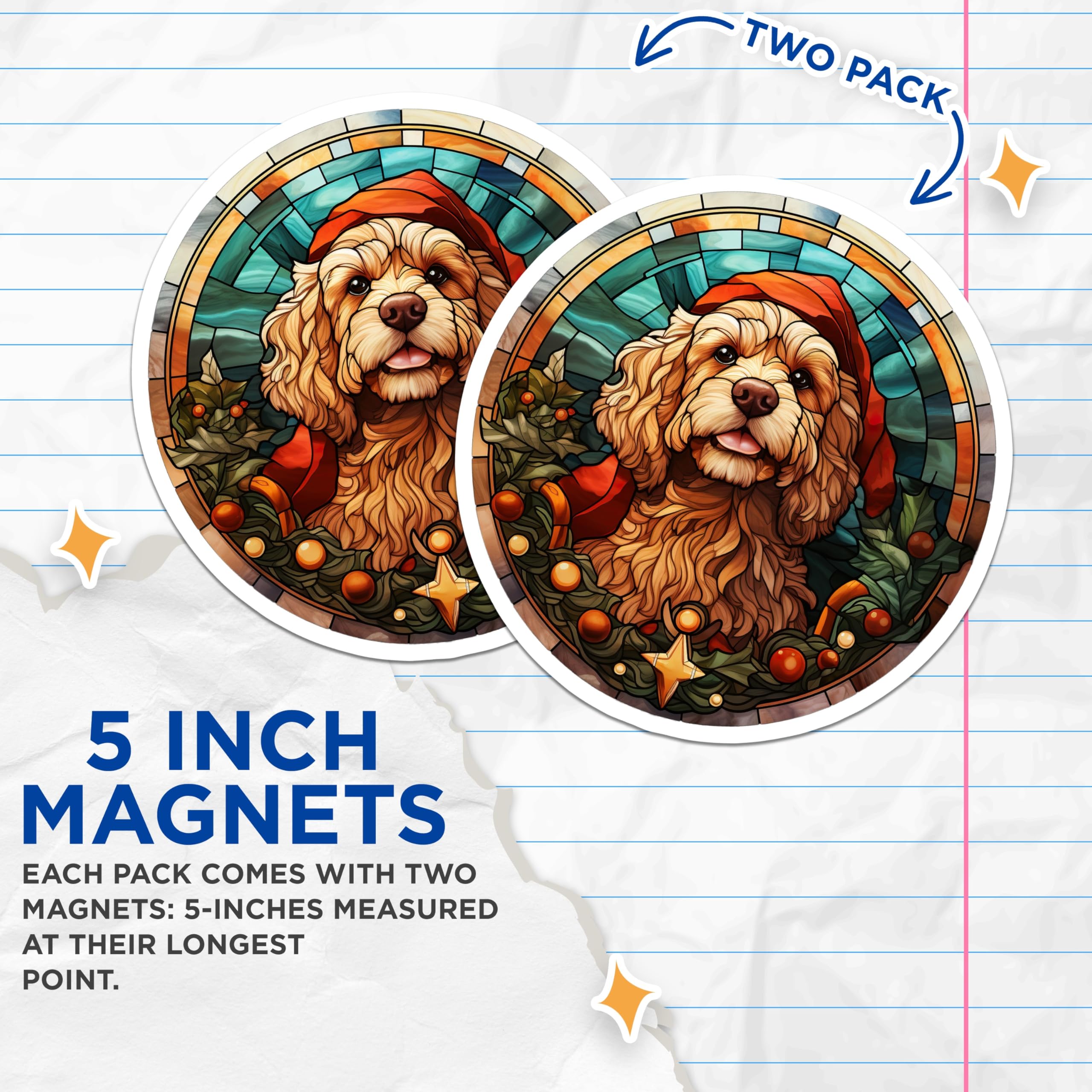 (2 Pack) Christmas Dog Magnets for Fridge - Stained Glass Doodle Art - Festive Pet Home Decoration - 5 Inches On Longest Side - Thick Durable Magnet - Made in USA - MAG26906