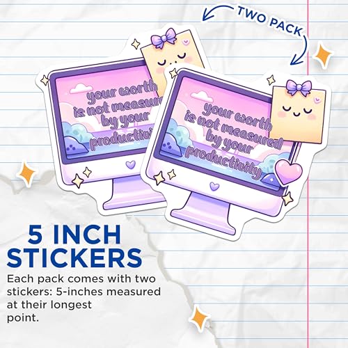 (2 Pack) Your Worth is Not Measured by Your Productivity Stickers - Inspirational Quote - Cute Motivational - 5" On Longest Side - Sticks to Smooth Flat Surfaces - Made in USA - BMCS7499