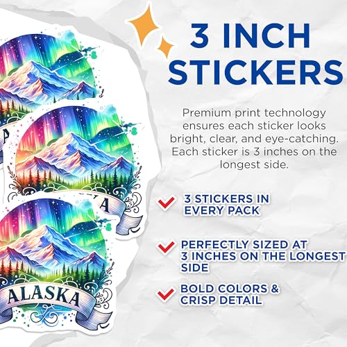 (3 Pack) Alaska Decals - Northern Lights Stickers - Laptop Water Bottle Decals- 3 Inches On Longest Side - Easy Peel & Apply - Made in USA - 3MCS5544