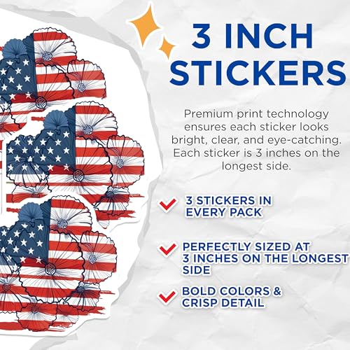 (3 Pack) American Flag Flower Decals - Patriotic Floral Stickers - Laptop Decal - 3 Inches On Longest Side - Easy Peel & Apply - Made in USA - 3MCS7750