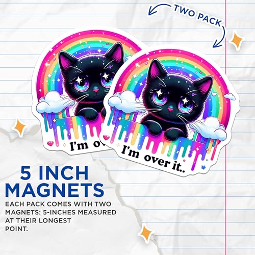 (2 Pack) Cute Black Cat Magnets - Rainbow Cat Magnets - Quirky Cat Art Magnets - I'm Over It Magnets - 5" On Longest Side - for Cars, Fridges, Toolboxes - Made in USA - MAG4583