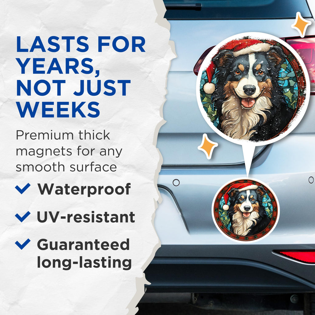 (2 Pack) Australian Shepherd Christmas Dog Magnets - Stained Glass Art Pet Lover - Festive Holiday Kitchen Decor - 5 Inches On Longest Side - Thick Durable Magnet - Made in USA - MAG28281
