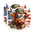 (2 Pack) Military Highland Cow Stickers - American Flag - Cute Animal Stickers for Laptop and Water Bottle - 5" On Longest Side - Sticks to Smooth Flat Surfaces - Made in USA - BMCS6369