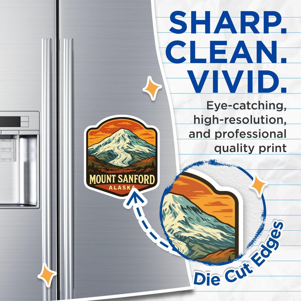 (2 Pack) Mount Sanford Magnets - Alaska Mountain Landscape Art - Retro Travel Souvenir Decor - 5 Inches On Longest Side - Thick Durable Magnet - Made in USA - MAG20006