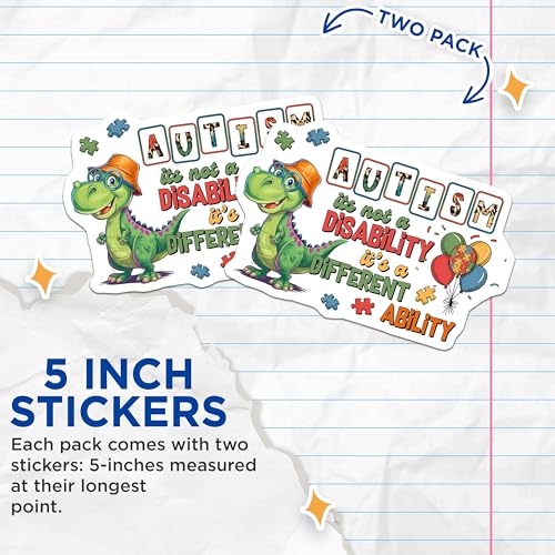 (2 Pack) Autism Awareness Dino Stickers - Inspirational Quote - Positive Message - 5" On Longest Side - Sticks to Smooth Flat Surfaces - Made in USA - BMCS9698