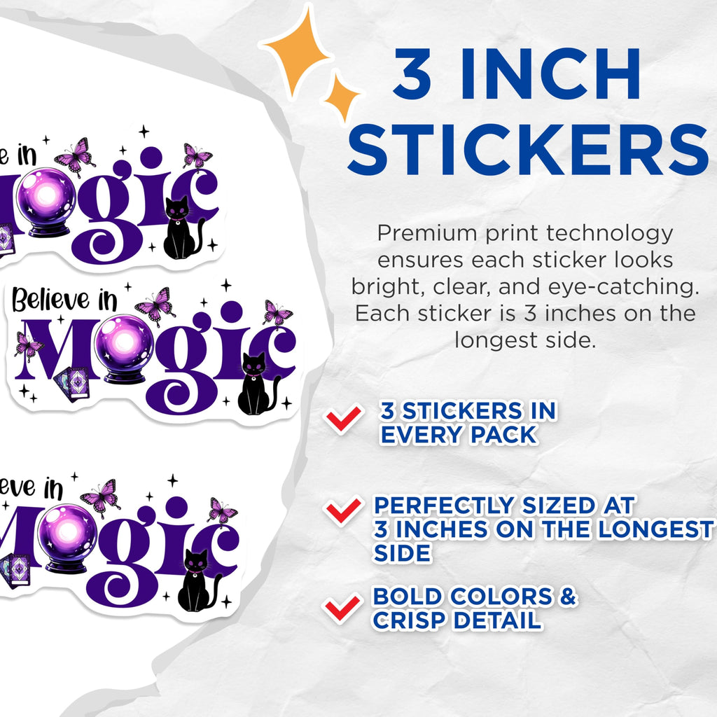 (3 Pack) Believe in Magic Decals - Butterfly Cat - Crystal Ball Stickers - 3 Inches On Longest Side - Easy Peel & Apply - Made in USA - 3MCS6834