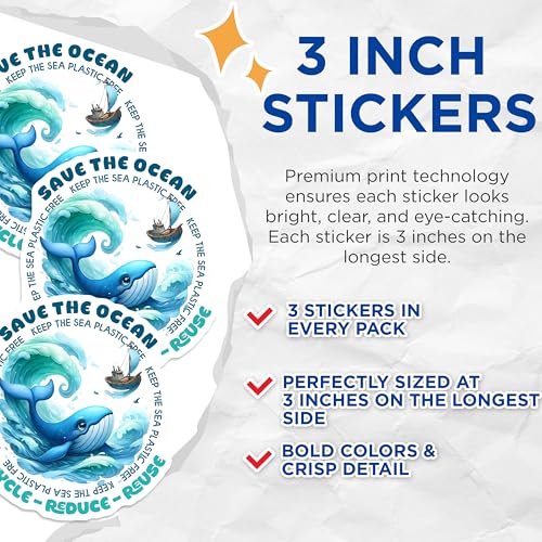 (3 Pack) Save Ocean Decals - Whale Laptop Decals - Plastic Free Sea Art - 3 Inches On Longest Side - Easy Peel & Apply - Made in USA - 3MCS6719
