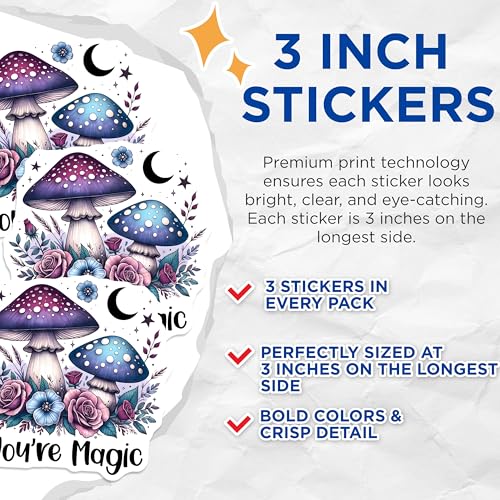 (3 Pack) You're Magic Decals - Floral Mushroom - Laptop Decals - 3 Inches On Longest Side - Easy Peel & Apply - Made in USA - 3MCS6825