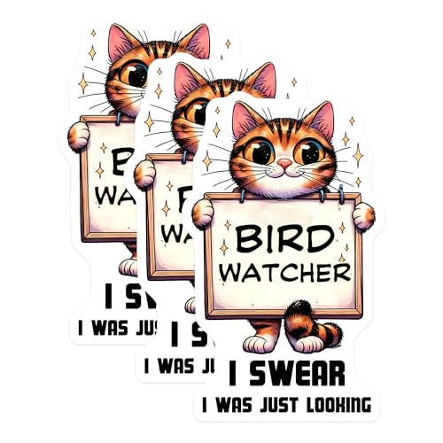 (3 Pack) Bird Watcher Cat Decals - Funny Cat Lover - Laptop Decals - 3 Inches On Longest Side - Easy Peel & Apply - Made in USA - 3MCS2507
