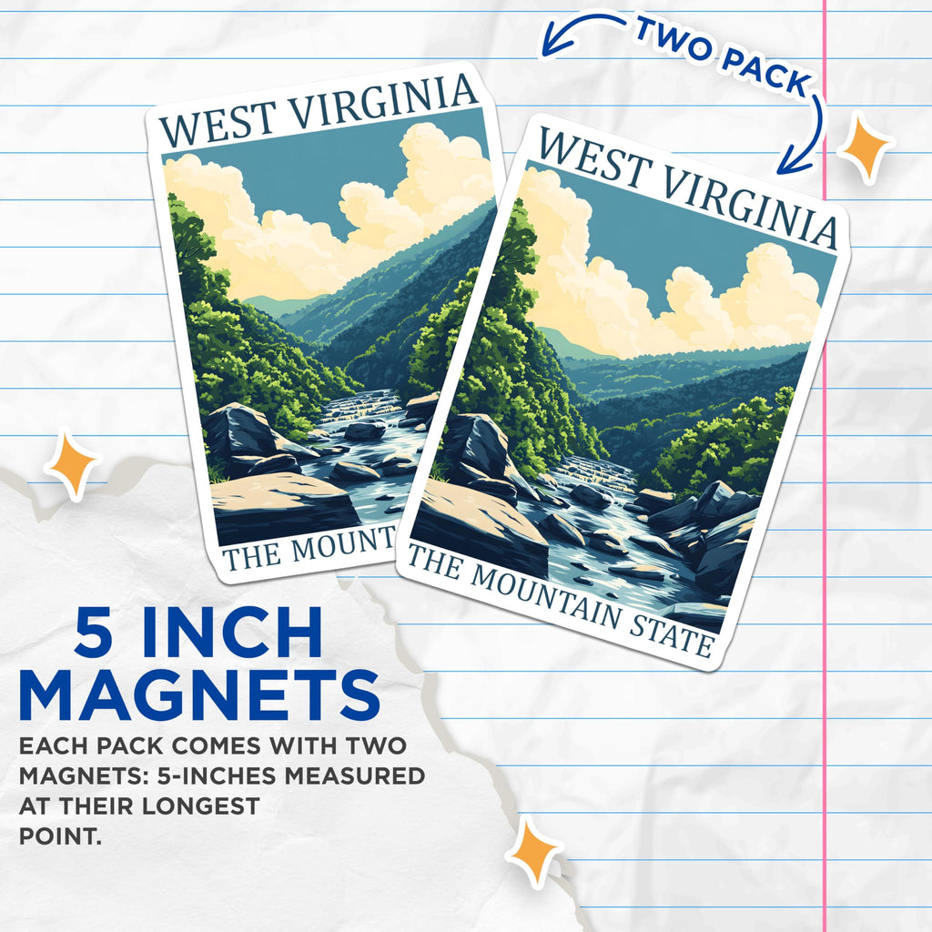 (2 Pack) West Virginia Magnets - Mountain State Art - WV Travel Souvenir - 5" On Longest Side - Premium Magnet - for Cars, Refrigerators, Toolboxes, Lockers - Made in USA - MAG17321