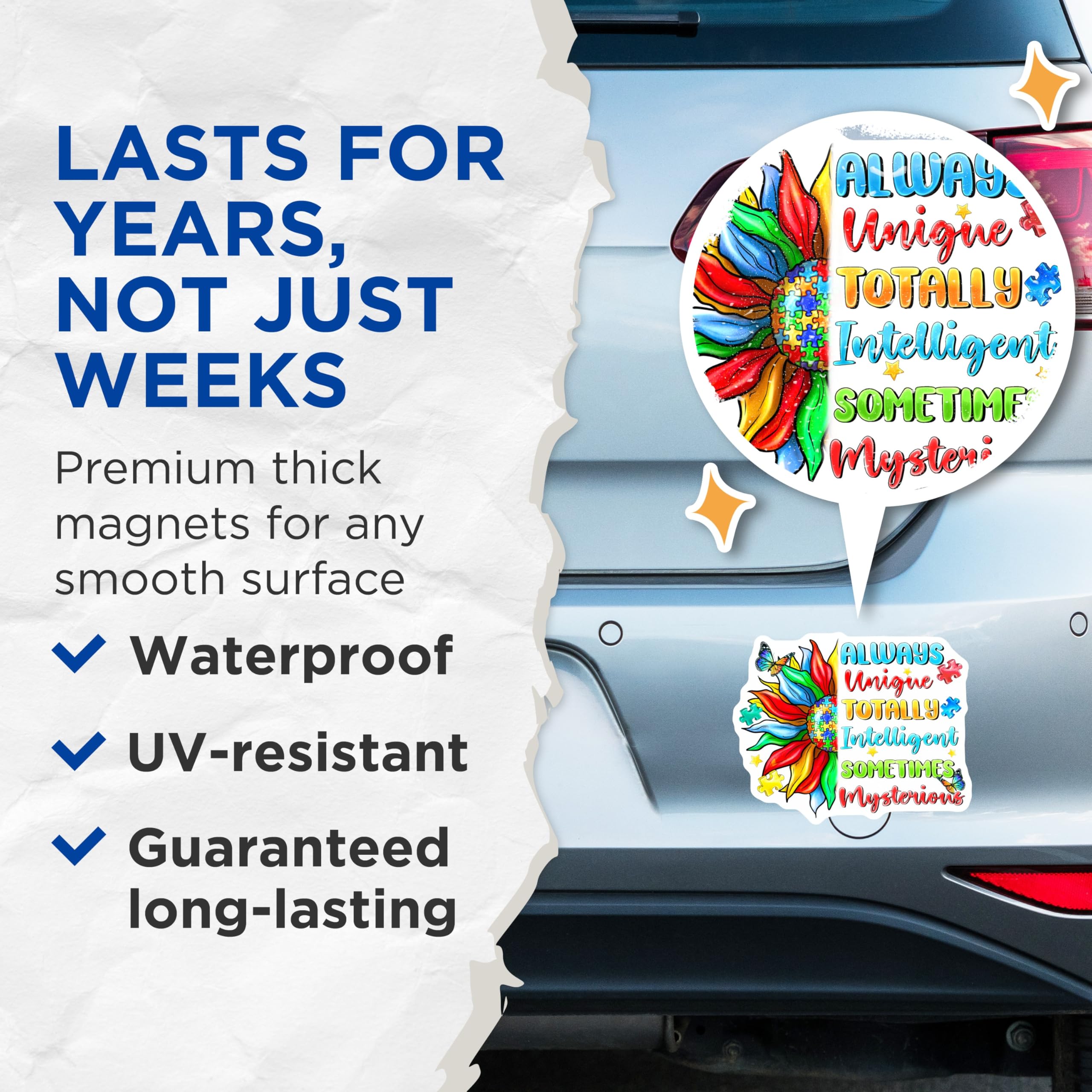 (2 Pack) Autism Sunflower Magnets - Unique Intelligent Mysterious - Neurodiversity Acceptance Butterfly - 5 Inches On Longest Side - Thick Durable Magnet - Made in USA - MAG23995