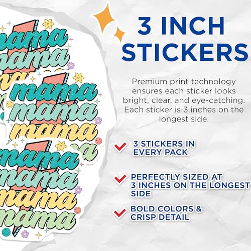 (3 Pack) Mama Decals - Retro Mom - Groovy Laptop Decals - 3 Inches On Longest Side - Easy Peel & Apply - Made in USA - 3MCS7723