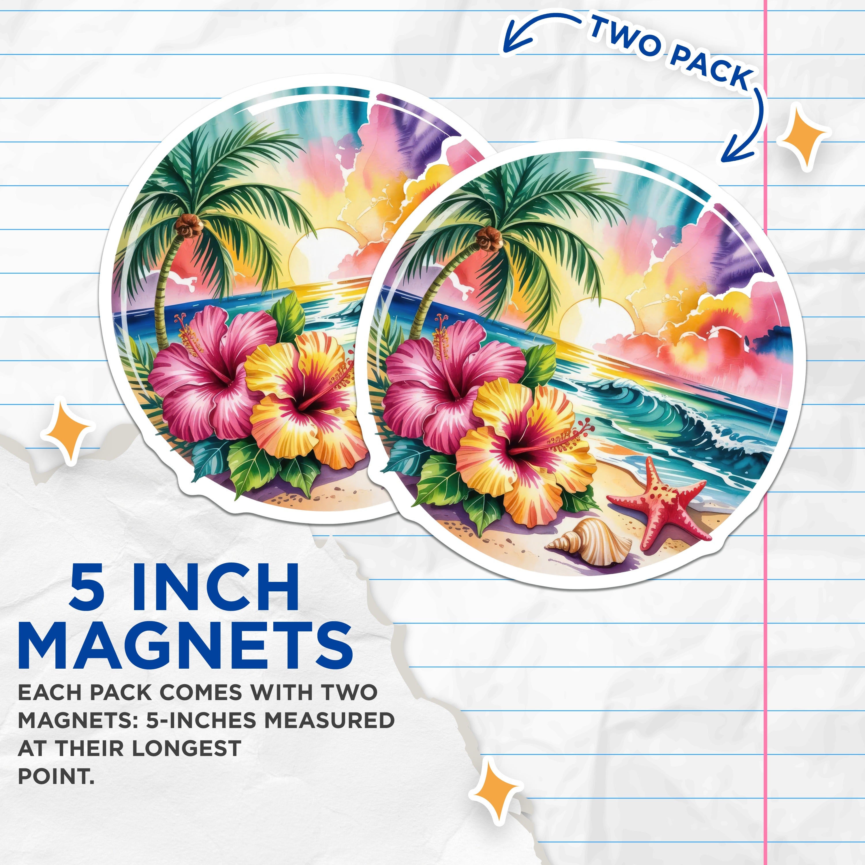 (2 Pack) Tropical Beach Magnets - Watercolor Ocean Scene - Hibiscus Palm Tree Decor - 5 Inches On Longest Side - Thick Durable Magnet - Made in USA - MAG37771