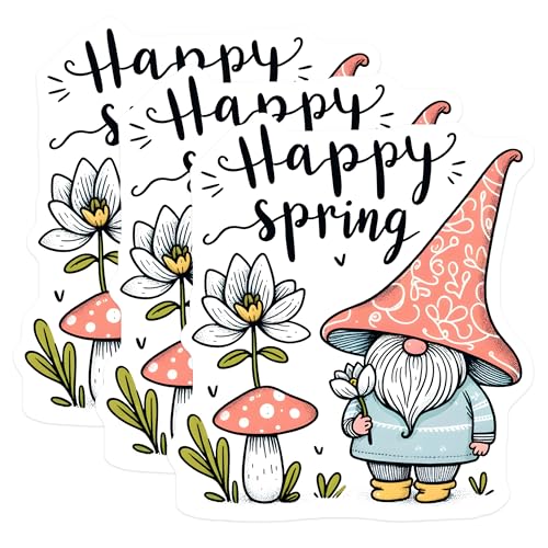 (3 Pack) Happy Spring Decals - Gnome Sticker - Floral Laptop Decals - 3 Inches On Longest Side - Easy Peel & Apply - Made in USA - 3MCS6760
