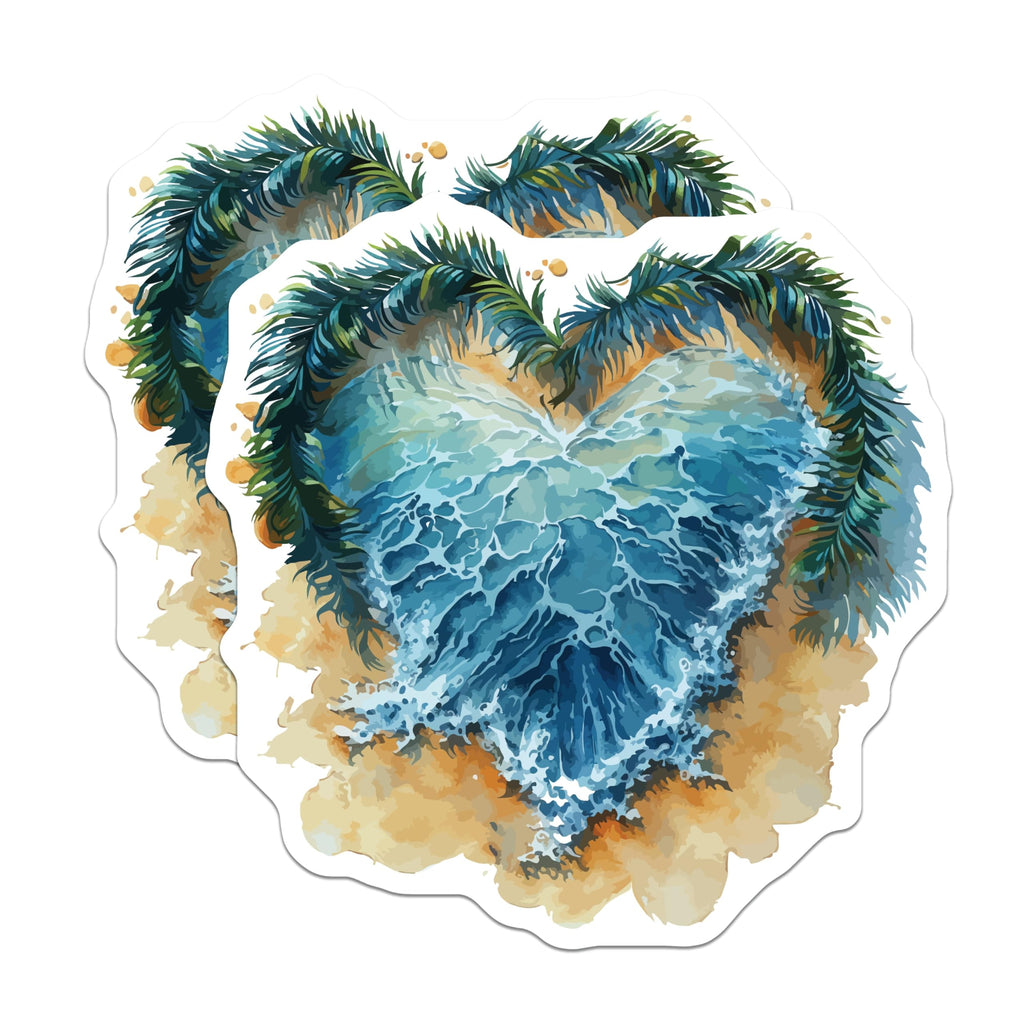 (2 Pack) Watercolor Ocean Heart Wave Magnets - Tropical Palm Beach Coastal Decor - Summer Vacation Aesthetic Fridge Magnets - 5 Inches On Longest Side - Thick Durable Magnet - Made in USA - MAG20153