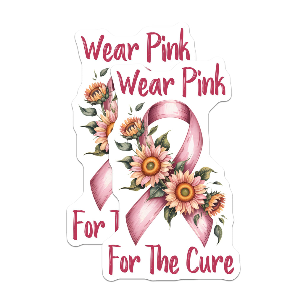 (2 Pack) Breast Cancer Stickers - Awareness Ribbon - Sunflower Stickers - 5" On Longest Side - Sticks to Smooth Flat Surfaces - Made in USA - BMCS15544