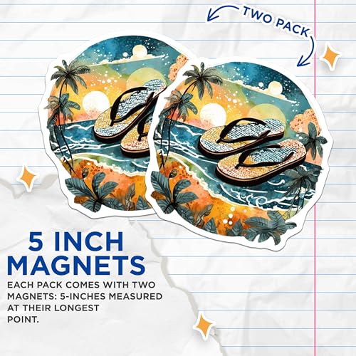 (2 Pack) Beach Vibes Magnets Magnets - Tropical Flip Flops - Colorful Coastal Scene - 5" On Longest Side - Made in USA - Sticks to Refrigerators & Metal Surfaces - MAG9319
