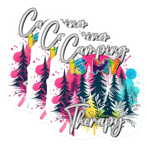 (3 Pack) Camping Therapy Decals - Tie Dye Stickers - Laptop Decoration - 3 Inches On Longest Side - Easy Peel & Apply - Made in USA - 3MCS2054