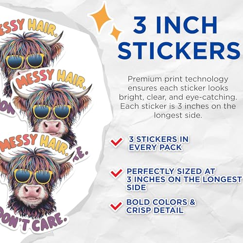 (3 Pack) Messy Hair Highland Cow Decals - Funny Animal - Laptop Decal - 3 Inches On Longest Side - Easy Peel & Apply - Made in USA - 3MCS0910
