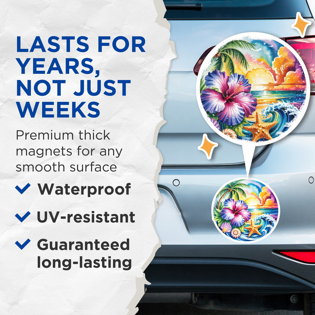 (2 Pack) Tropical Beach Sunset Magnets - Hibiscus Ocean Waves Starfish Seashell - Watercolor Summer Vibes Decor - 5 Inches On Longest Side - Thick Durable Magnet - Made in USA - MAG37804