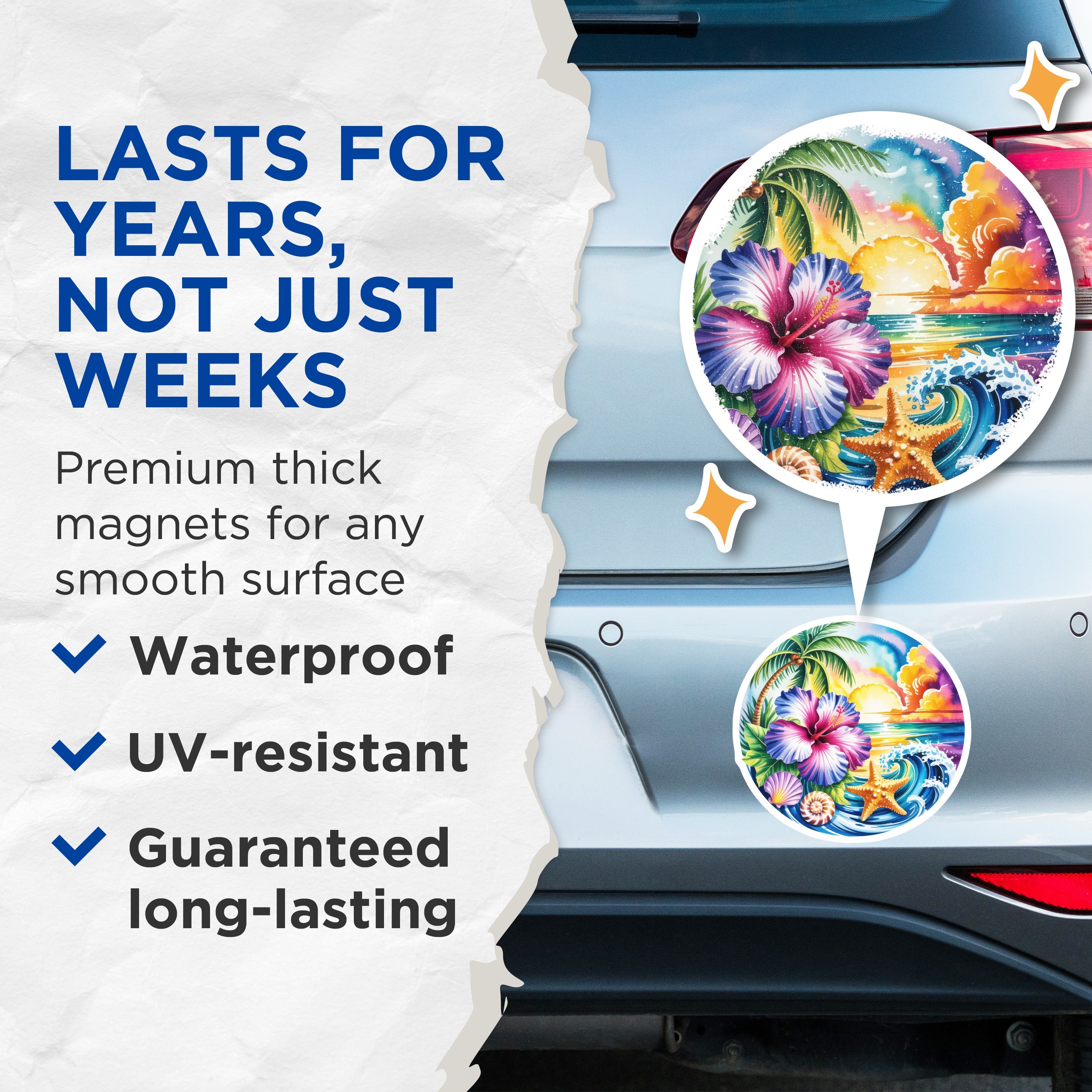 (2 Pack) Tropical Beach Sunset Magnets - Hibiscus Ocean Waves Starfish Seashell - Watercolor Summer Vibes Decor - 5 Inches On Longest Side - Thick Durable Magnet - Made in USA - MAG37804