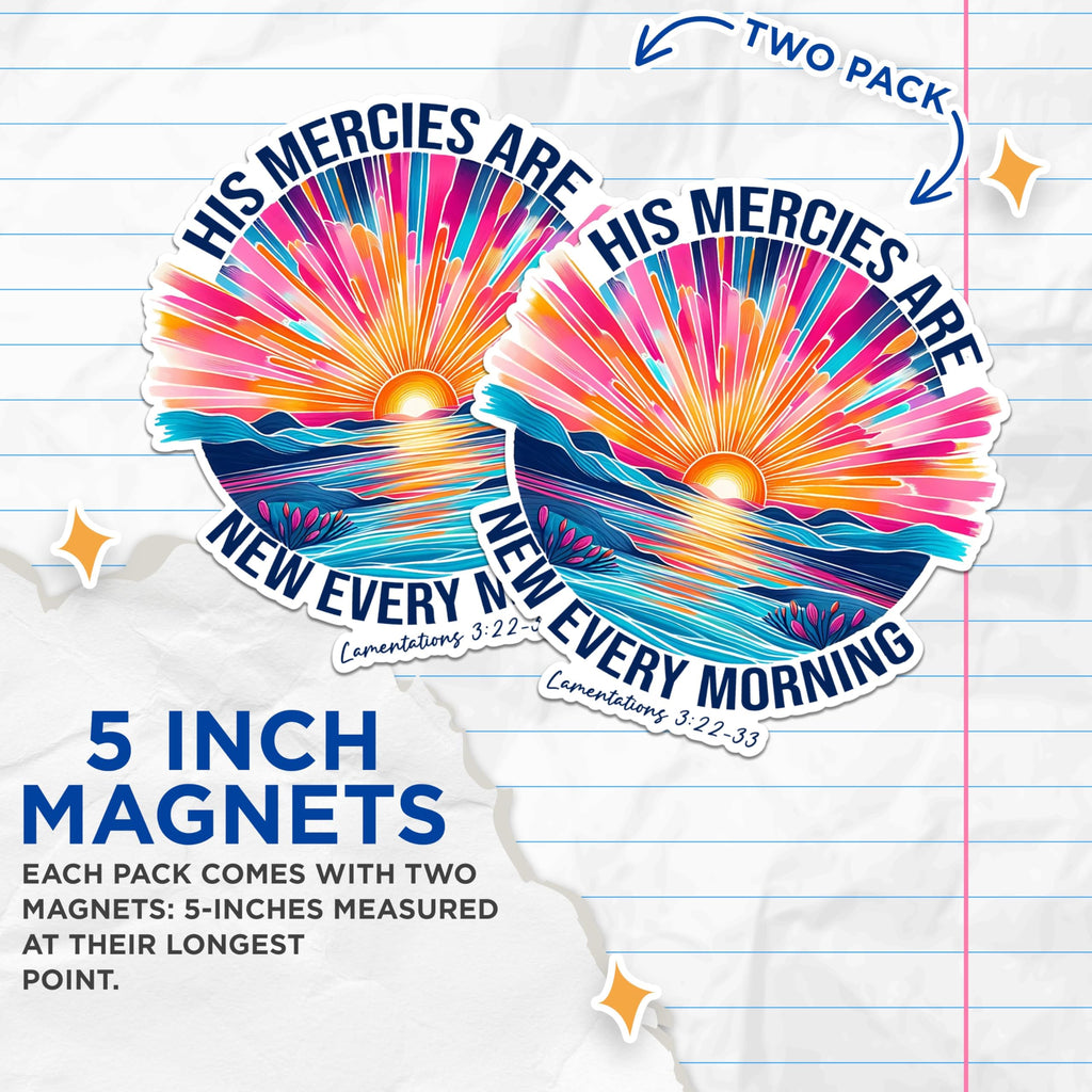 (2 Pack) Inspirational Quote Magnets - His Mercies are New Every Morning Magnets - Bible Verse Magnets - Sun and Sea Magnets- 5" On Longest Side - for Fridges, Toolboxes, Cars - Made in USA - MAG2825