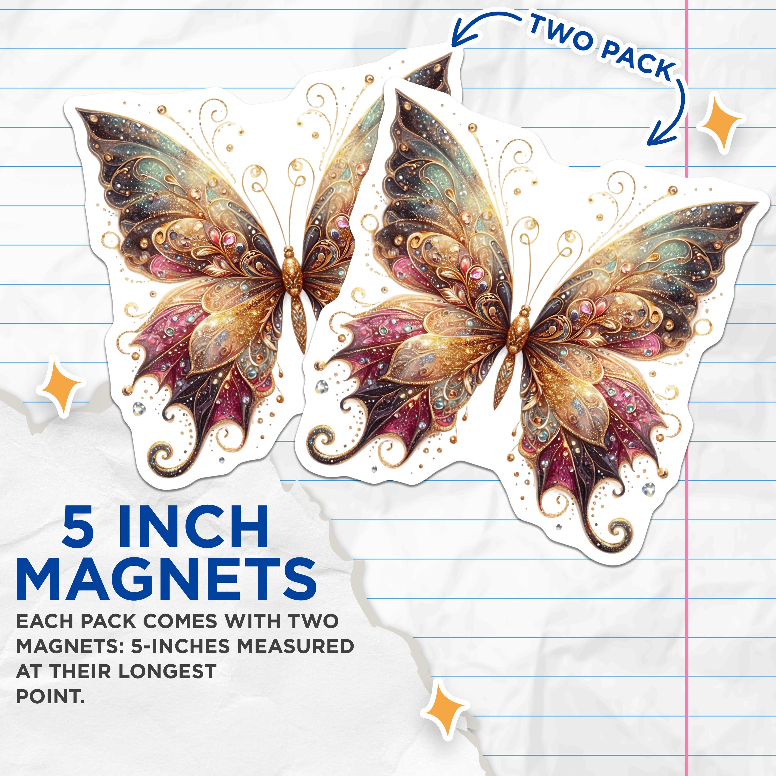 (2 Pack) Jewel Butterfly Magnets - Ornate Fantasy Insect Decor - Celestial Whimsical Fridge Art - 5 Inches On Longest Side - Thick Durable Magnet - Made in USA - MAG39021