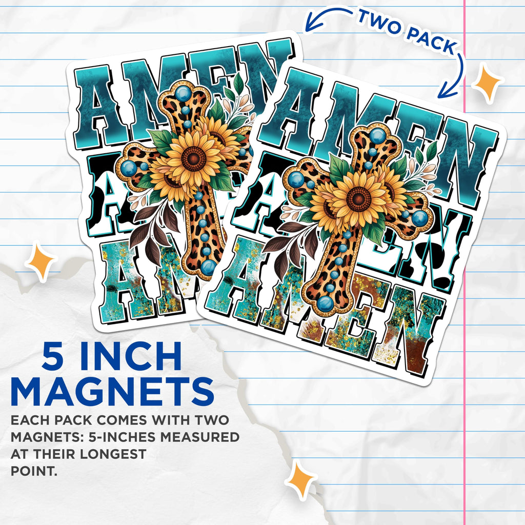 (2 Pack) Amen Christian Magnets - Sunflower Cross - Religious Magnet Set - 5" On Longest Side - Premium Magnet - for Cars, Refrigerators, Toolboxes, Lockers - Made in USA - MAG14951