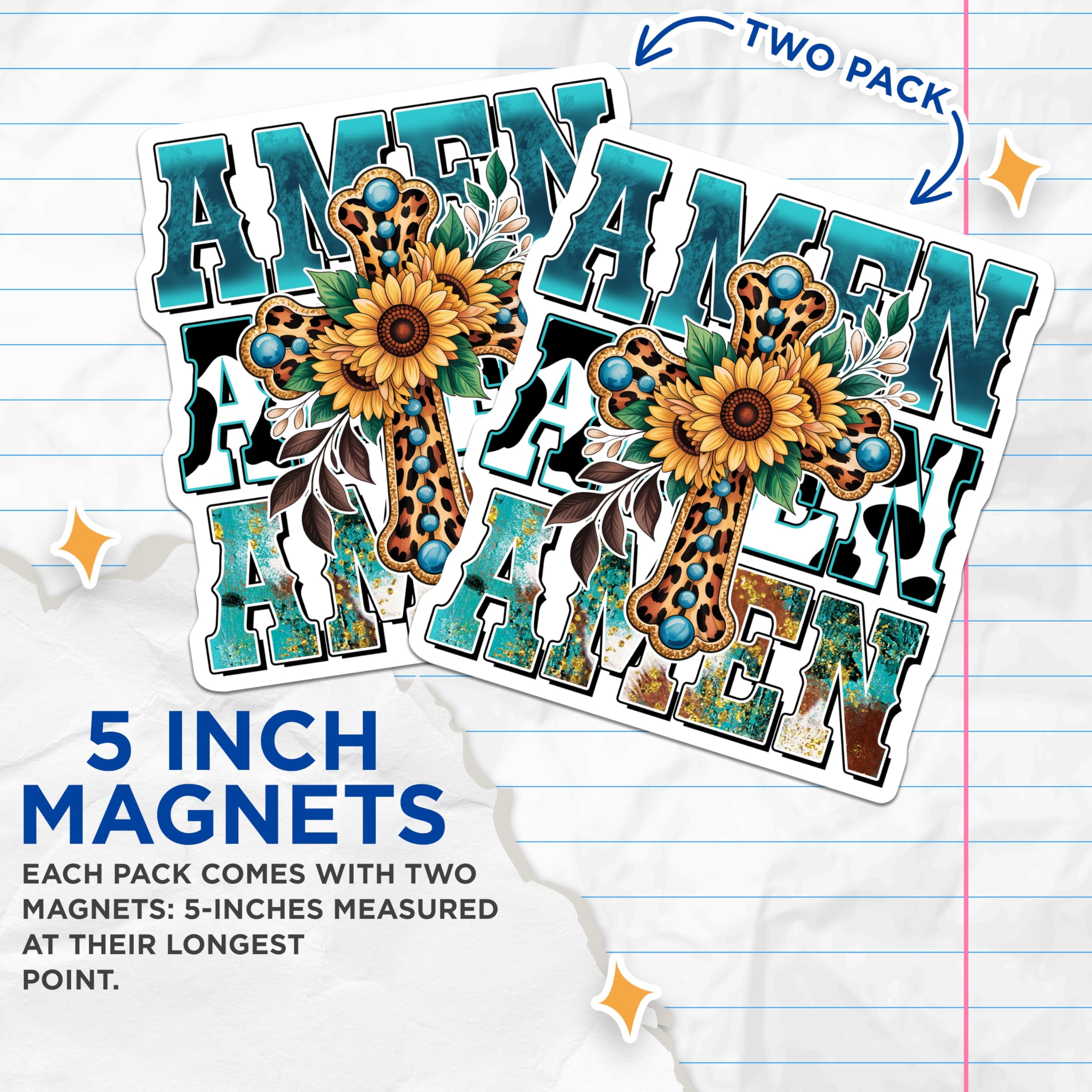 (2 Pack) Amen Christian Magnets - Sunflower Cross - Religious Magnet Set - 5" On Longest Side - Premium Magnet - for Cars, Refrigerators, Toolboxes, Lockers - Made in USA - MAG14951