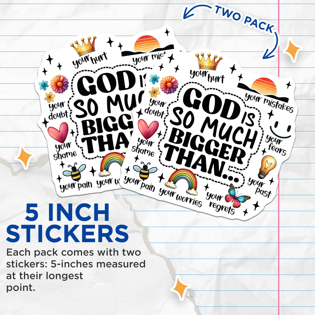 (2 Pack) God is Bigger Stickers - Inspirational Quote Decals - Motivational Sayings Stickers- 5" On Longest Side - Sticks to Smooth Flat Surfaces - Made in USA - BMCS16800