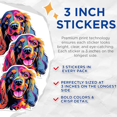 (3 Pack) Cocker Spaniel Decals - Colorful Dog Stickers - Laptop Decals - 3 Inches On Longest Side - Easy Peel & Apply - Made in USA - 3MCS0725