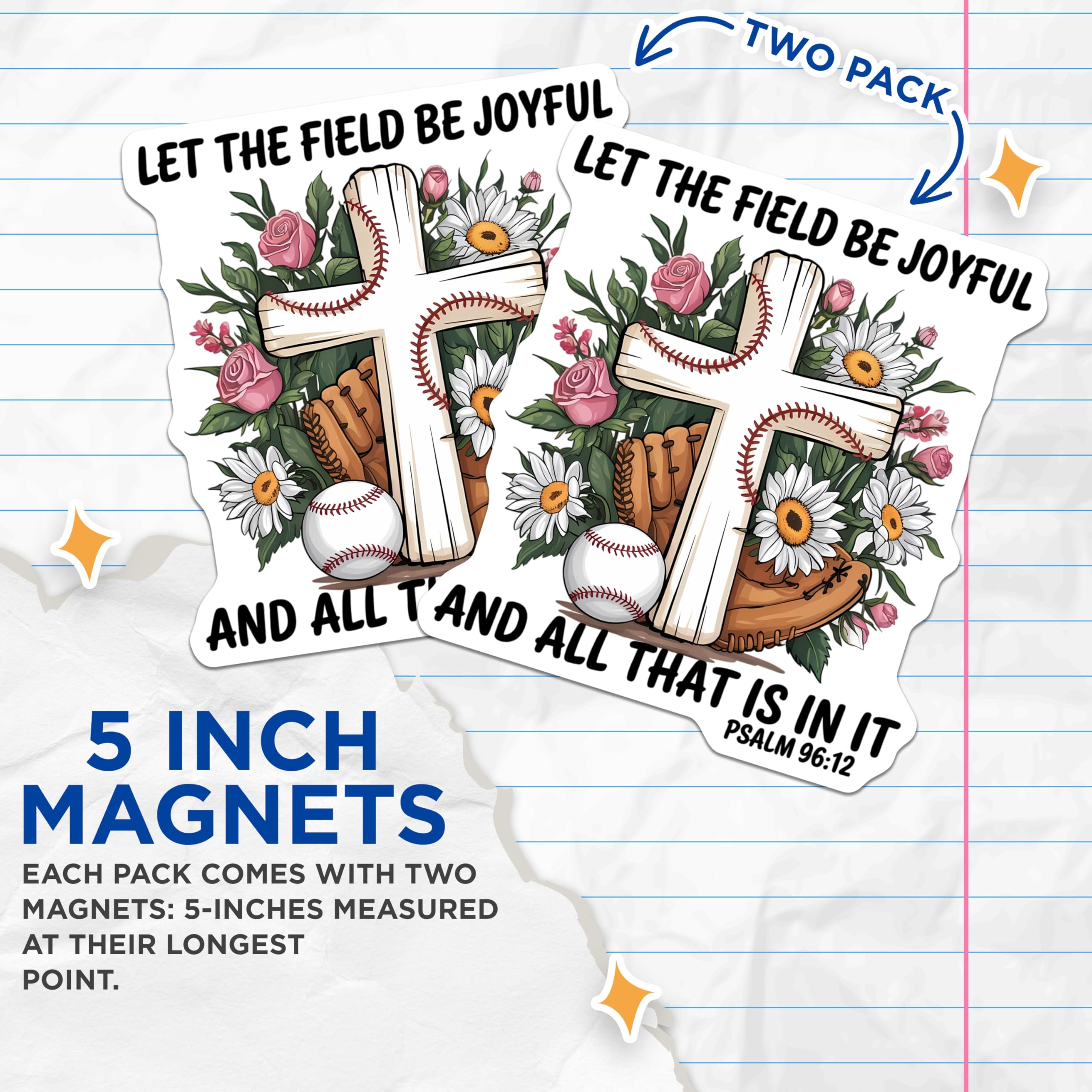 (2 Pack) Baseball Cross Magnets - Scripture Verse Decor - Psalm 96 12 Inspirational Art Magnets - Faith Sports Enthusiast - 5 Inches On Longest Side - Thick Durable Magnet - Made in USA - MAG20763