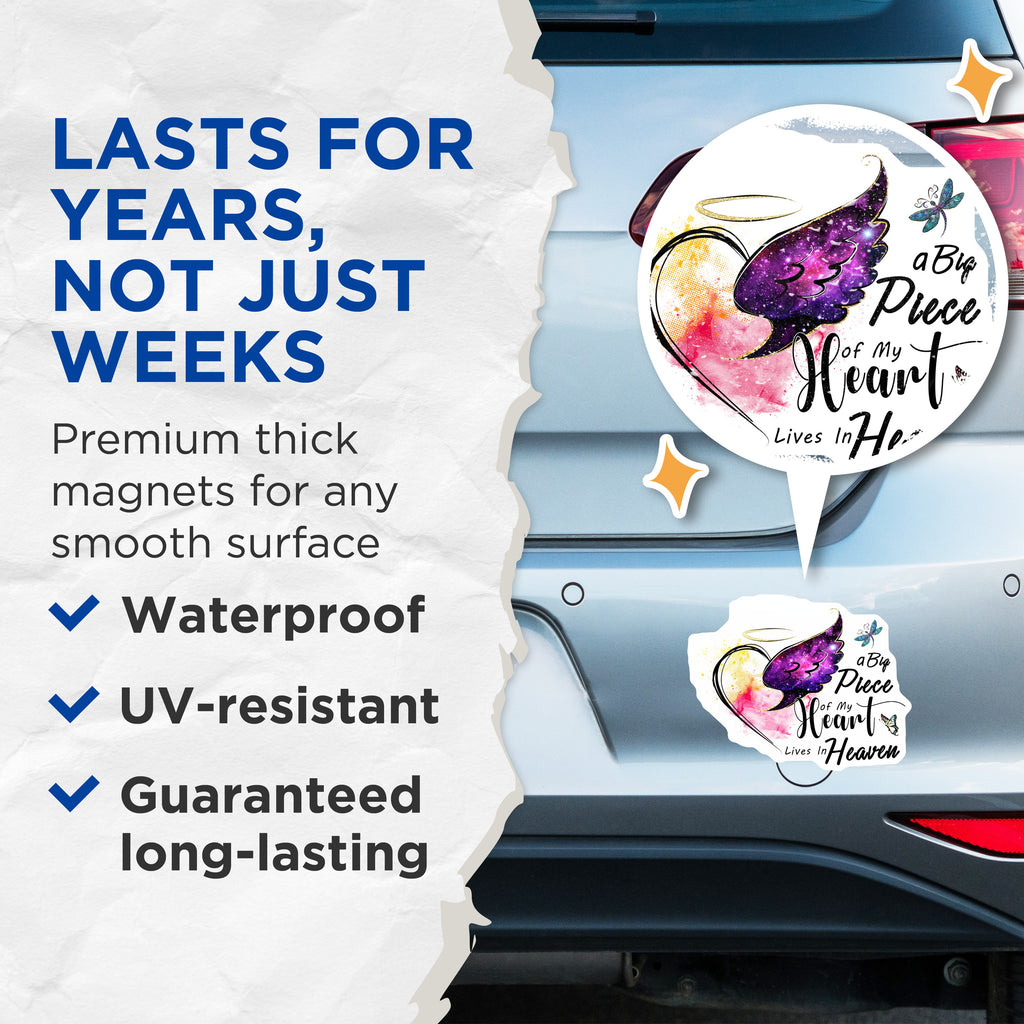 (2 Pack) A Big Piece of My Heart Lives in Heaven Magnets - Sympathy Memorial - Remembrance Angel Wing - 5 Inches On Longest Side - Thick Durable Magnet - Made in USA - MAG37922